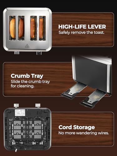 Toaster 4 Slices, 1600 W Intelligent Stainless Steel Toaster, 6 Colour Settings, Full Touchscreen Operation, Extra Wide 1.57 Inch Slot, with Digital Timer, Crumb Drawer, Silver