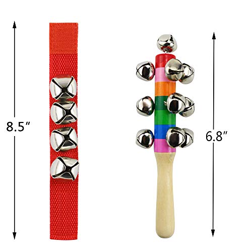 TKOnline 8 Pcs Wrist Band Bells,2 Pcs Jingle Bells Sleigh Bells - 1 Handle Wooden Bells,Musical Rhythm Toys Kit for School Party jingle bells,sleigh bells,jingle bell wrist bands,band wrist bells - Thumbnail 4