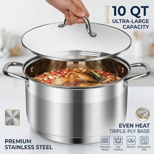 LEUGWAKN 10 Quart Stock Pot, Stainless Steel Pot with Lid for Induction | Premium 10 quart stainless steel cookware. Heavy duty large cooking pot with lid for soup, pasta, stew. Induction pot