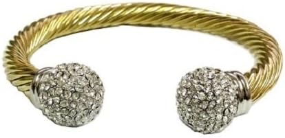 Amythyst Unisex Yellow Gold Tone Open End Cuff West Indian Inspired Ball Bangle with Zirconia Stones