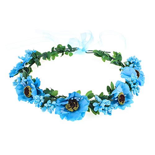 June Bloomy Rose Floral Crown Wreath Girls Flower Headband Boho Garland Halo Headpiece (Daisy Blue) - Thumbnail 2