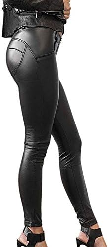 Petalum Women Sexy Black Leggings Stretch Faux PU Leather Pants Shaping Hip Push Up High Waisted Legging Stylish Skinny Slim Tight Joggers Trousers Pencil Fitness Pants