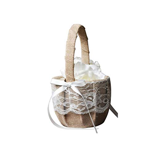 image for Ohomr Burlap Flower Basket Vintage Retro Lace Bow Flower Girl Basket f