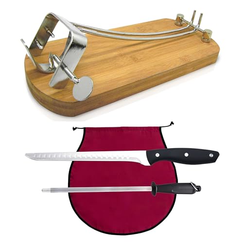 Jamonero Plegable de Acero y Bambú + Cubre Jamon Burdeos + Afilador manual + Cuchillo Jamonero