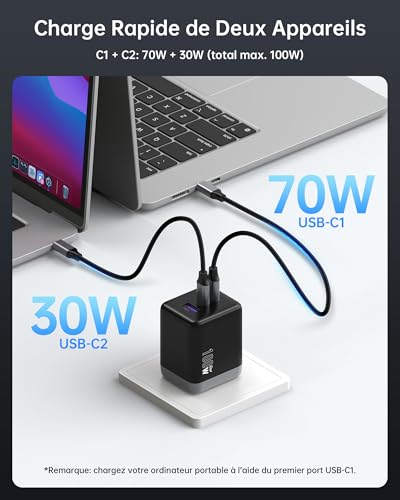 NOVOO 100W USB-C Fast Charger, 3-Port USB C Plug, Adapter Compatible with iPhone 16 Plus Pro Max, Galaxy PPS 45W, S24 Ultra, S23, S22, Pixel, iPad, MacBook Air, Black