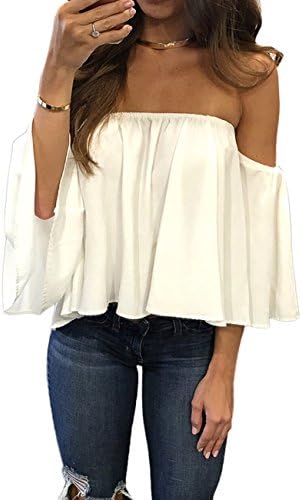 Mesitelin Women Chiffon Off Shoulder Blouse Top Shirt Short Sleeve Boho Casual Blouse T Shirt(S,White)