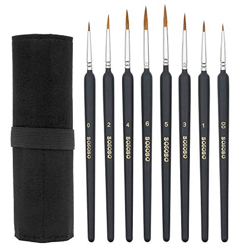 BOSOBO Miniature Paint Brushes Detail Set, 8 Pcs Fine Tipped Small Artist Paintbrushes for Acrylic Oil Watercolor Painting, Rock, Micro Model, Nail Art, Craft & Paint by Number, Travel Case Included
