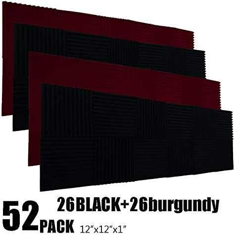 52 Pack BLACK/Burgundy 12" X 12" X 1" Acoustic Foam Panel Wedge Studio Soundproofing Wall Tiles