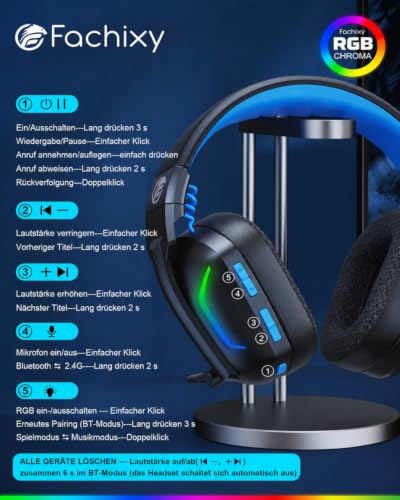 Fachixy Wireless Gaming Headset with Microphone for PS5, PS4, PC, Switch, Mac and Laptop, 2.4GHz Low Latency USB & Bluetooth, Foldable with LED Light, Surround Sound and 80 Hours Battery Life