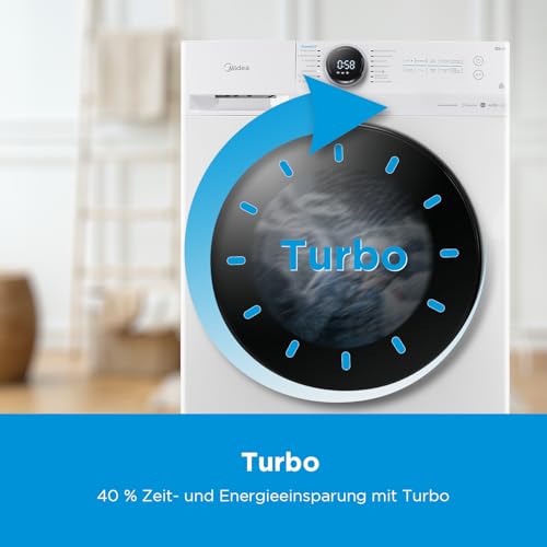 Midea MF200W80WB-14AS Waschmaschine/8KG /Energieeffizienzklasse A/Mengenautomatik/Steam Care/Nachlegefunktion / 1400 U/min/Zeitsparen - Turbo/nur 48 cm tief/APP-Steuerung, AquaStop, Weiß