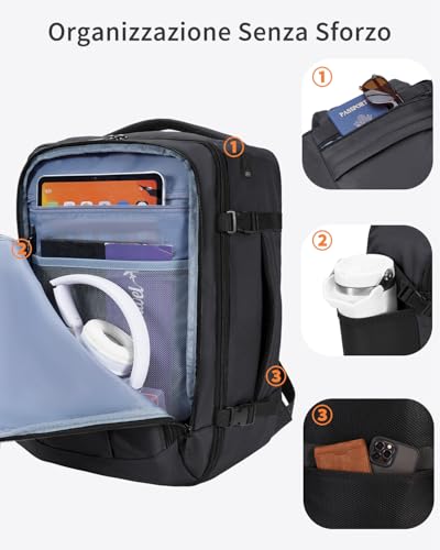 ECOHUB Ryanair Travel Backpack 40 x 30 x 20 cm 13 Pockets Hand Luggage Under the Seat Handle Eco Friendly Airplane Bag in Recycled PET 24 Litres, Patented (Black)