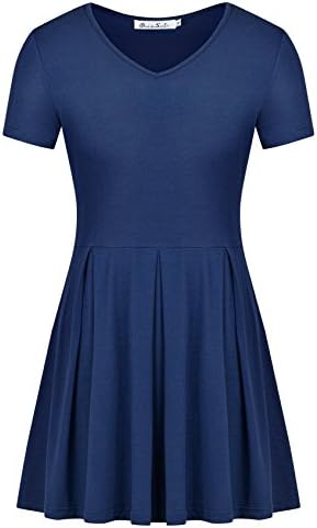 DRESSOLE Women Short Sleeve Tops V-Neck Empire Waist Flared Pleated Peplum Blue L