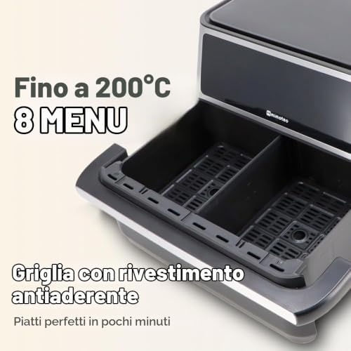 - Doppio Touch 11L (5,5+5,5L) Friggitrice ad Aria Doppia Senza Olio, 2850W, 10 Menu, Touch Screen, Timer Regolabile 60 Minuti, 80-200°C, Cottura Facile e Sana