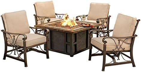 Ice Cooler Carts Goldie's Fire pit Table Set With Fire pit Table, Strip Burner, Lava Rocks, Weather Cover And Four Rocking Chairs, Black/Gold/Bronze