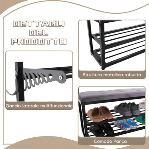 Hcosmy Shoe Rack, Shoes Bench Seat, Multifunctional shoe rack and coat rack, Industrial Coat Rack Stand with Bench, Free Standing Coat Tree, Entryway Storage Shelf, for Living Room,Hallway