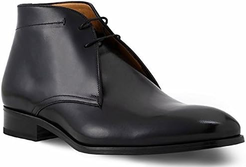DE SCALZO Black Calf Leather Handcrafted Patina Finish Leather Sole Chukka Boot for Men