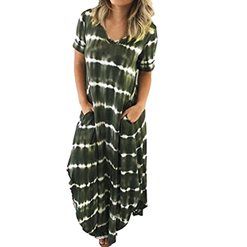 Women's Casual Striped Short Sleeve Pocket Split Irregular Hem Long Beach Dress