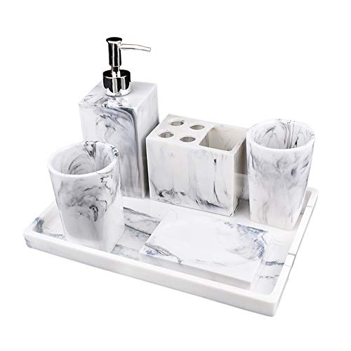 Jung Ford 5-Piece Bathroom Counter Top Accessory Set - Dispenser for Liquid Soap or Lotion, Soap Dish, Toothbrush Holder and 2 Tumblers, Marble Imitated Resin - Thumbnail 7