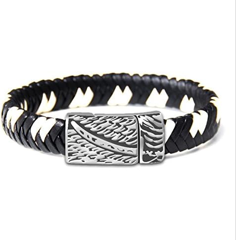 Stainless Steel Retro Pattern Square Buckle Bracelet Two-color Braided Bangel (Black+White)