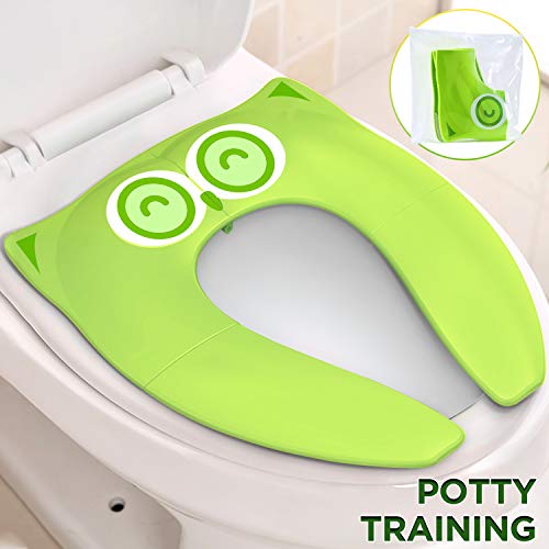 Firares Upgrade Folding Large Non Slip Silicone Pads Travel Portable Reusable Toilet Potty Training Seat Covers Liners with Carry Bag for Babies, Toddlers and Kids, Green