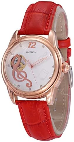 HVENSHI Women Crystal Automatic Mechanical Wrist Watch, Music Symbol / Red Leather strap, Gold