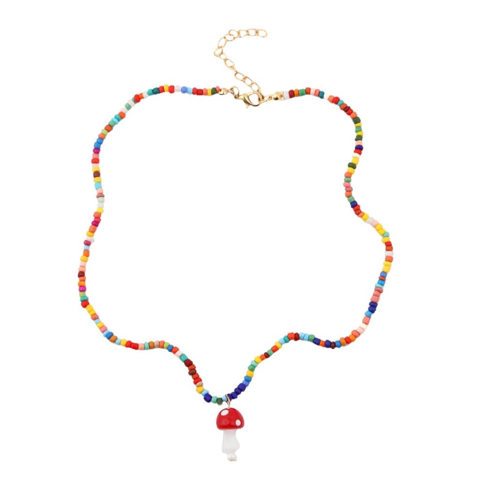 Happyyami Mushroom Necklace Beaded Collarbone Chain Chic Indie Jewellery for Women Girls Casual Daily and Special Occasions