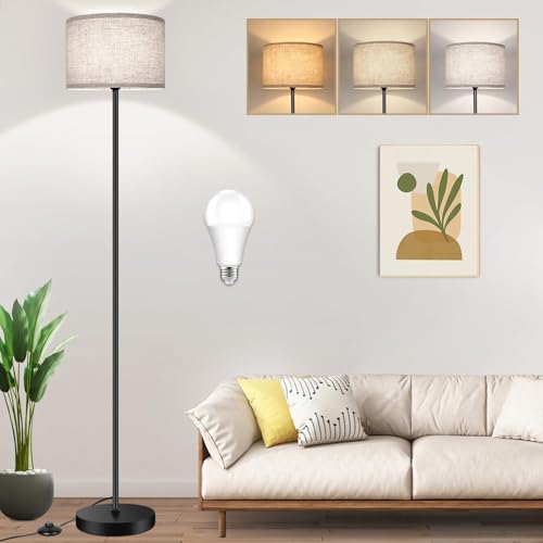 TOBUSA Stehlampe für Wohnzimmer, Schlafzimmer, mit 3 CCT LED-Glühbirne, moderne Stehleuchte, Trommelschirm, 165 cm hoch, mit Fußschalter, schwarzer St