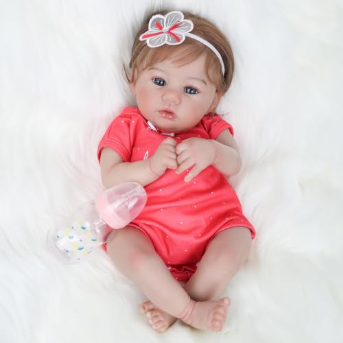 Bebê Reborn Boneca Menina Realista Silicone Olhos Azuis Macacão Vermelho 48cm Cabelo Implantado com Acessórios Original Presentes