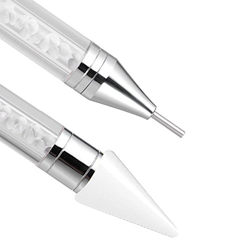 1 Pc Senior Double-head Wax ended Nail Rhinestone Picker Dotting Pen Acrylic Handle Gem Pick Up Applicator Tool Self-Adhesive Dot Head Tips Nail Art DIY Decoration Tool with Travel case (White) - Thumbnail 2