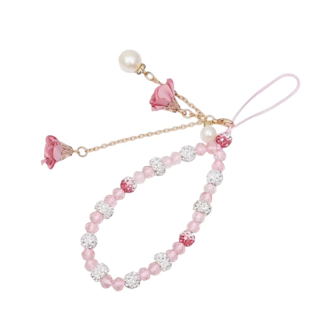 COLORFUL BLING Charm String Beaded Chain Strap Crystal Flower Pendant Lanyard Accessories for Women Girls Car Key Purse Decoration-Pink