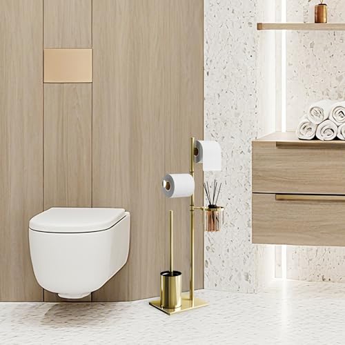 Toilet Paper Holder Set Gold Stainless Steel Freestanding Toilet Brush and Storage Basket Perfect for Organizing Bathroom with Elegance and Practicality