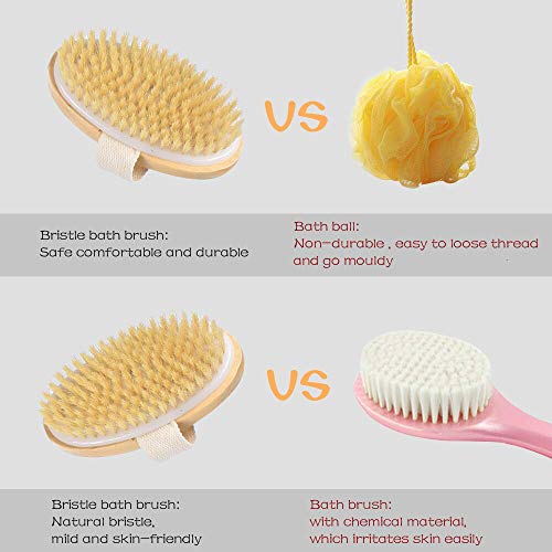 2pcs Shower Brush Bath & Dry Skin Body Brushing, Back Scrubber with Anti-slip Long Detachable Wooden Handle, 100% Natural Bristles, Perfect for Exfoliating, Detox and Cellulite, Blood Circulation