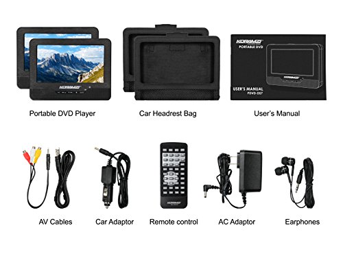 Koramzi Portable 7" Dual Screen DVD Player with Rechargeable Battery/AC Adapter/USB &SD Card Reader/Remote Control/Car Adapter/IR Transmitter Ready/USB/Headrest Mounting Kit/Stereo Earbuds-PDVD-DS7