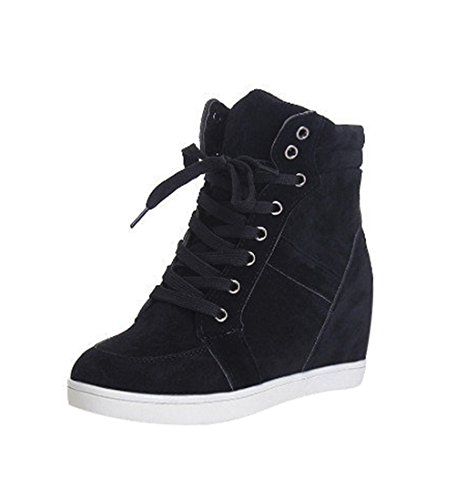 T&Mates Womens Casual Round Toe High Top Lace up Hidden Wedge Nubuck Fashion Sneaker (7.5 B(M) US,Black)