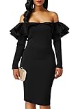Sidefeel Women Long Sleeve Ruffle Off The Shoulder Bodycon Party Midi Dress X-Large Black