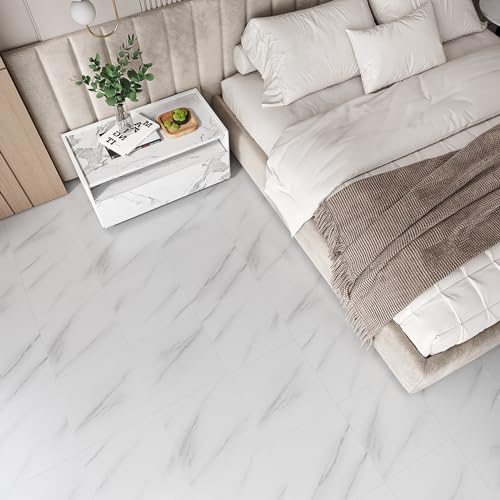 VEELIKE Waterproof Self-Adhesive Vinyl Floor Tiles Modern White Marble Effect Easy Install Peel and Stick Floor Tiles Durable PVC Flooring for Kitchen Bedroom Living Room Commercial 11.8"x11.8" 24 Pcs