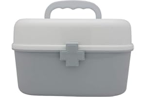 BangQiao Plastic First Aid Storage Box Container Bin with Removable Tray and Portable Handle, Family Emergency Medicine Kit Case Organizer, White&Gray