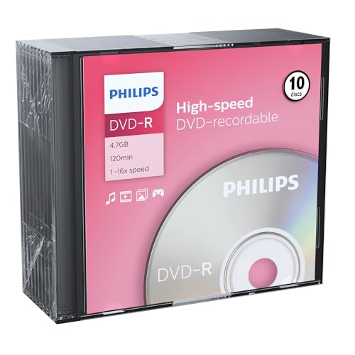 Philips DVD-R High-Speed (4,7 Go / 120 Minutes de vidéo, Vitesse 1-16x, Slim Case 10 pièces)