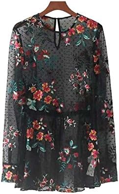 SHILINWEI Women Sweet Floral Embroidery Mesh Shirts Transparent Long Sleeve Blouse