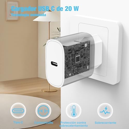 Cargador Carga Rápida USB-C para iPhone 17 16 15 & Cable de Carga Rápida 2M - Adaptador de Enchufe 20W Compatible con iPhone 16e,16/15 Plus,17 Air, 17/16/15 Pro, Pro MAX, Pad