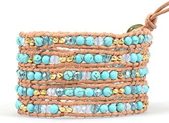 Turquoise Wrap Bracelet, Turquoise Beaded Bracelet, Boho Wrap Braclet, Gold Stone Bead Wrap Bracelet, Brown Leather Cord Wrap, Summer Wraps