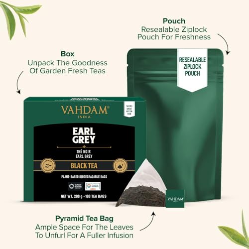 VAHDAM, Earl Grey Black Tea Bags (100 Count) High Caffeine, Non GMO, Gluten Free | Citrusy Earl Grey Tea Leaves w/pure Bergamot Oil | 100% Halal Certified | Resealable Ziplock Pouch