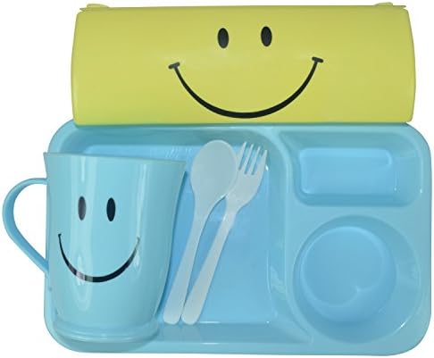 Emazing Stationary 5 Piece Plastic Gift Sets - Lunch Plate, Spoon, Fork and Cup Smiley Purse Pencil Box for Kids Birthday Parties