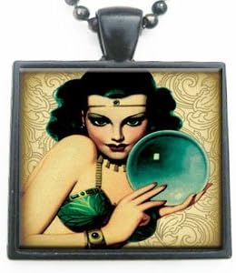 Gypsy Fortune Teller Crystal Ball Glass Tile Pendant Necklace Black Tray and Chain