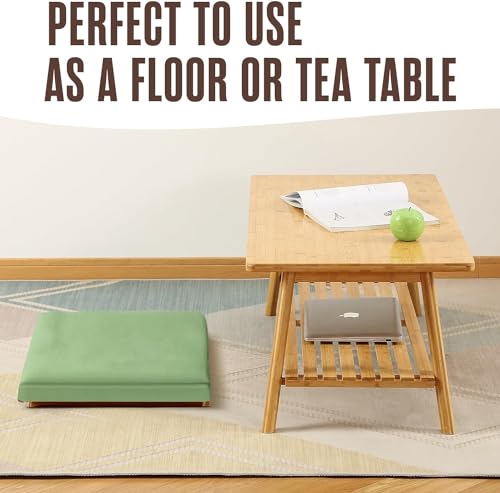 Hcosmy No Assembly Bamboo Coffee Table, 2-Tier Tea Table with Storage Shelf, Japanese Living Room Table, Space Saving Side End Table for Living Room Home Office