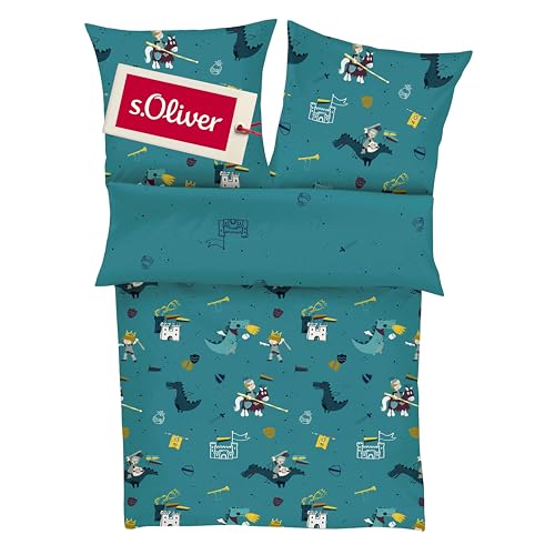 s.Oliver Kinderbettwäsche Ritter 135x200 cm - 100% Baumwolle, praktischer Reißverschluss & maschinenwaschbar, Bettwäsche für Kinder Drache & Ritterbur