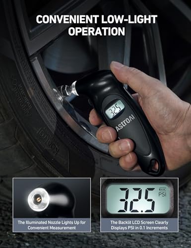 AstroAI Digital Tire Pressure Gauge 150 PSI, ANSI B40.7 Grade Certified (+/-1 PSI) Tire Pressure Monitor with AAA Batteries, Backlit LCD Displays, 4 Pressure Unit Settings for Car Trucks, Black,1P