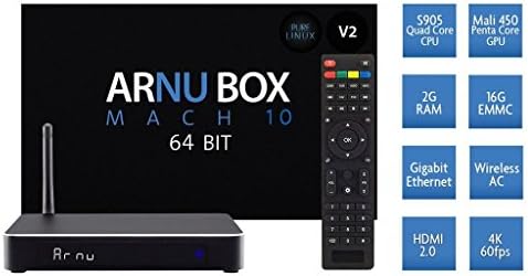 ARNU Box Pure Linux Mach 10 64bit Quad Core s905 Processor Fastest KODI Box - Newest Version 2 with 2 USB Port, 2 GB RAM and 16 GB Storage Memory