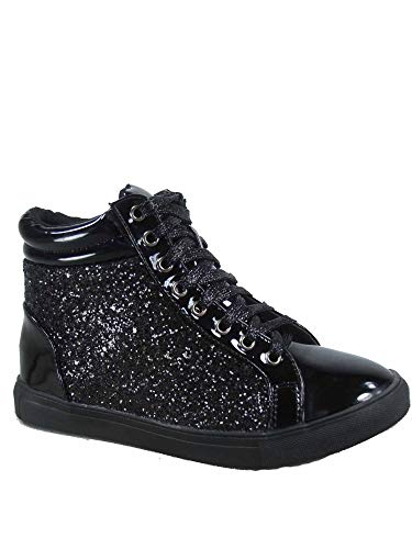 FZ-Sparkle-25 Women's Fashion Glitter Flat Heel High Top Lace Up Sneaker Shoes (8 B(M) US, Black)