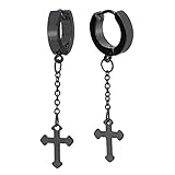 Pair Stainless Steel Black Huggie Hinged Hoop Earrings with Dangling Cross Unisex Men Women Boys